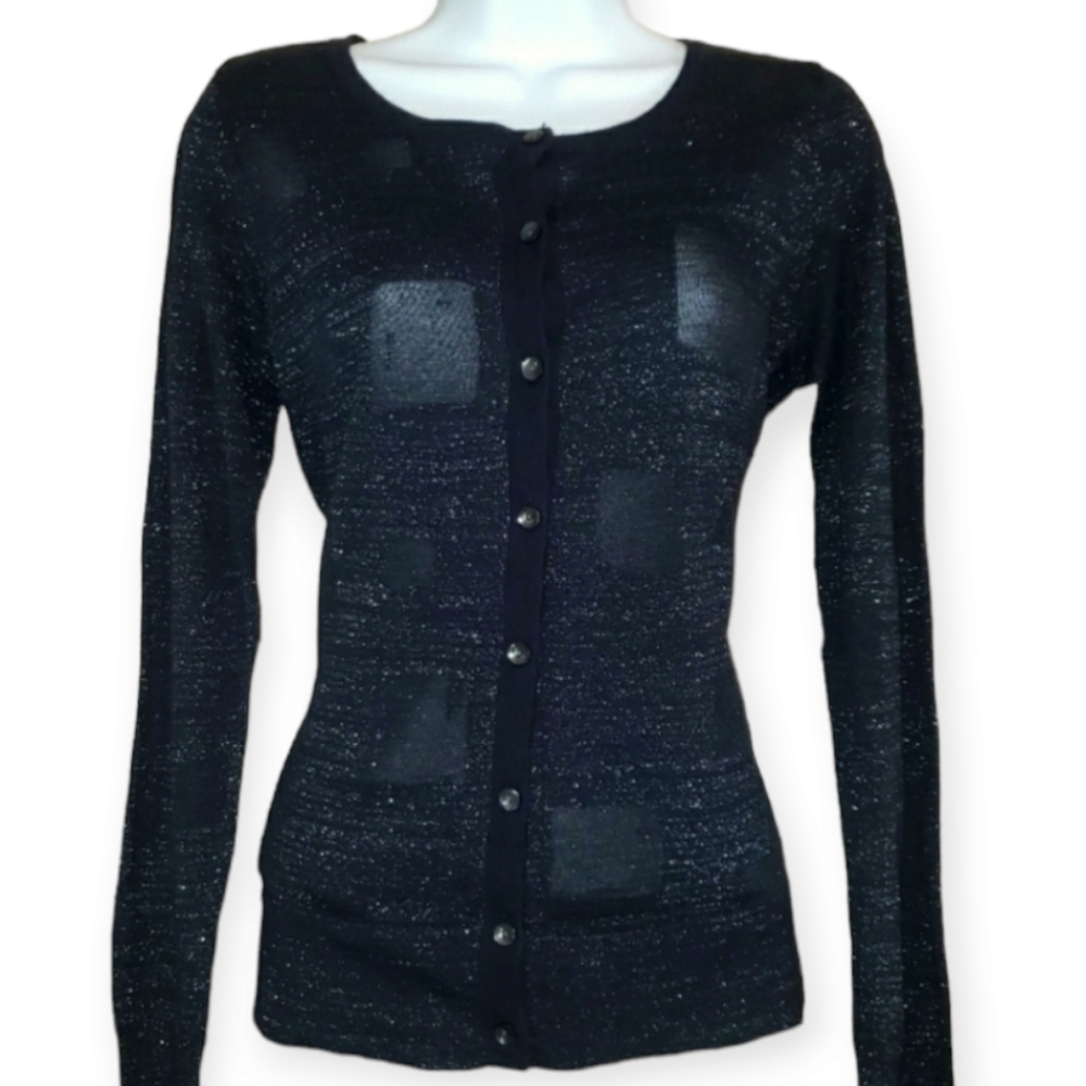 NWT Simply Vera Wang blue black metallic sheer cardigan Womens Medium